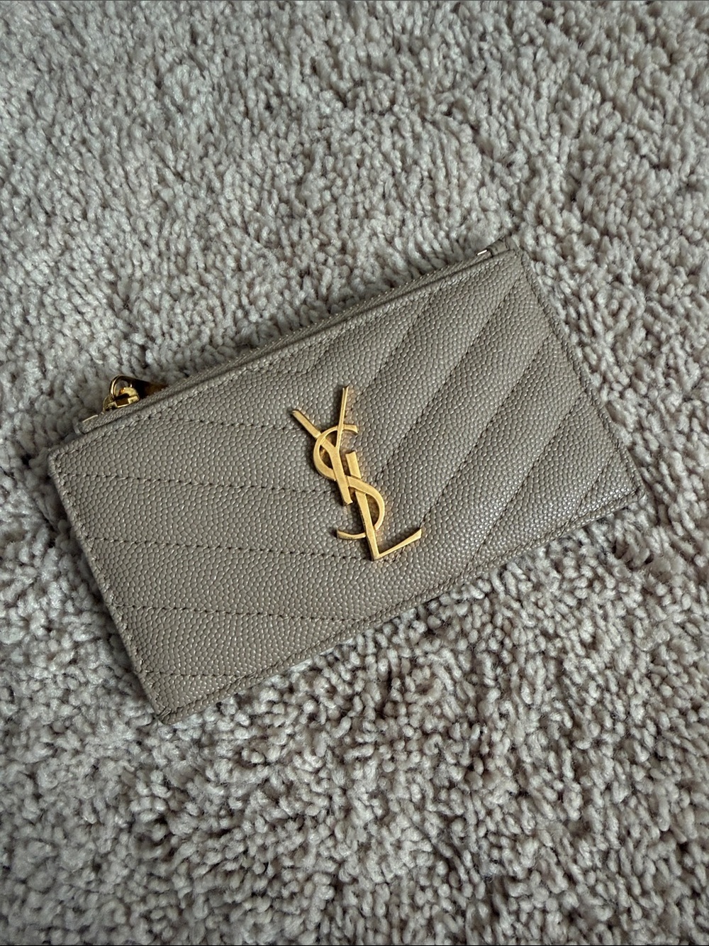 Yves Saint Laurent Taupe Quilted Leather Card Holder with Gold YSL Emblem